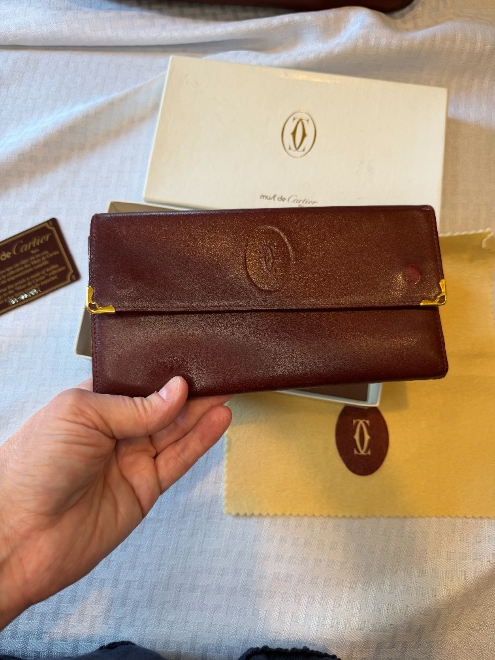 Vintage Must de Cartier Burgundy Leather Wallet with Box and Closet
